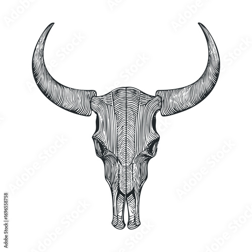 Artistic depiction of a bull skull for rustic decor and design. Vector hand drawn illustration