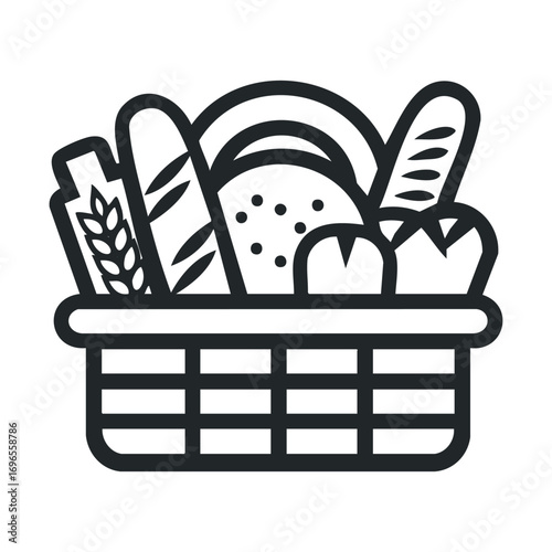 Freshly baked bread and vegetables in a wicker basket for lunch. Vector line illustration
