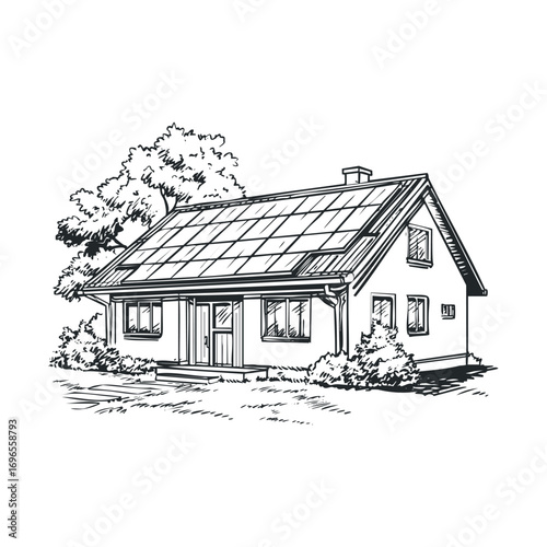 Eco friendly house with solar panels in a tranquil setting. Vector hand drawn illustration