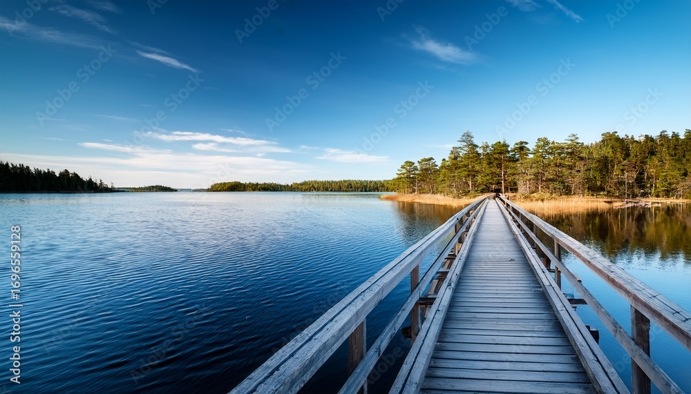 Naklejka premium small wooden bridge in lake with calm water and blue sky in sweden scandinavia europe peaceful outdoor