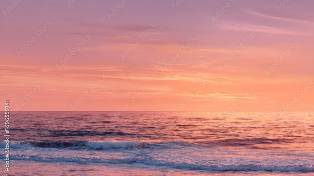 Fototapeta premium A tranquil seascape at sunset, showcasing soft pink and orange hues across the sky and water.