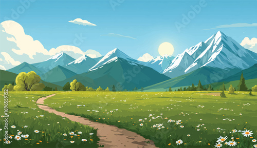 Scenic mountain meadow with wildflowers and trail leading to snow capped peaks under a bright sunny sky