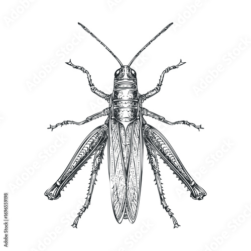 Detailed depiction of a grasshopper showcasing intricate features. Vector hand drawn illustration