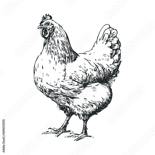 Detailed depiction of a hen in a natural setting for various designs. Vector hand drawn illustration