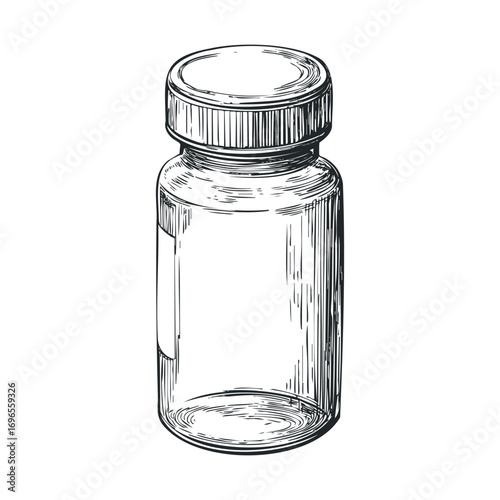 Empty glass container for medicine storage and organization purpose. Vector hand drawn illustration