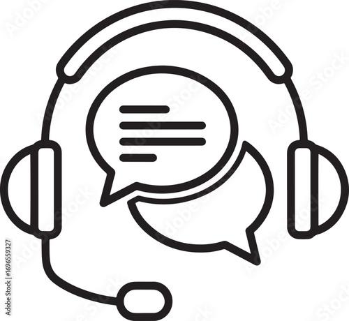 Customer service headset with speech bubbles icon in black and white illustration