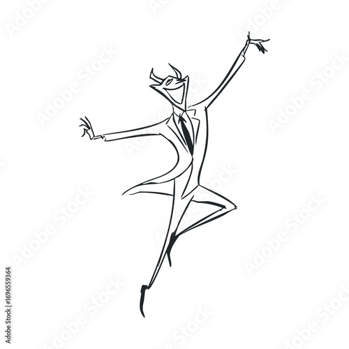 Joyful character in elegant suit dancing with enthusiasm and charm. Vector line illustration
