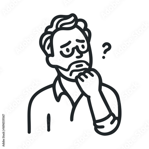 Confused man thinking deeply about a challenging decision. Vector line illustration
