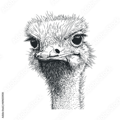 Unique ostrich head showing distinct features and expression. Vector hand drawn illustration