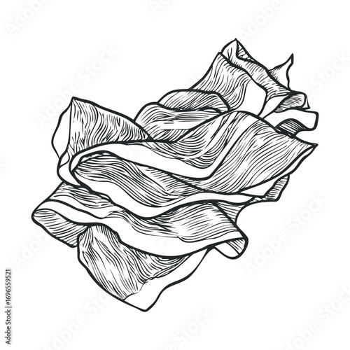 Artistic rendering of crumpled fabric in monochrome style. Vector hand drawn illustration