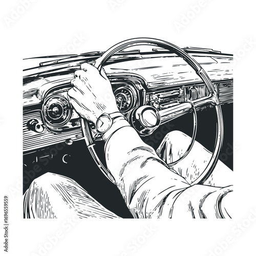 Vintage car interior with hands on steering wheel. Vector hand drawn illustration
