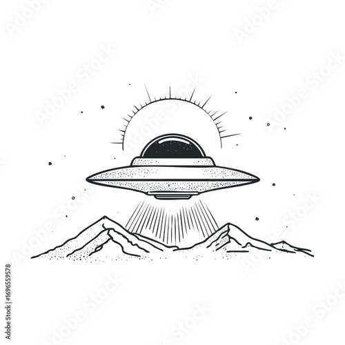 Alien spacecraft above mountain landscape under bright sun. Vector hand drawn illustration