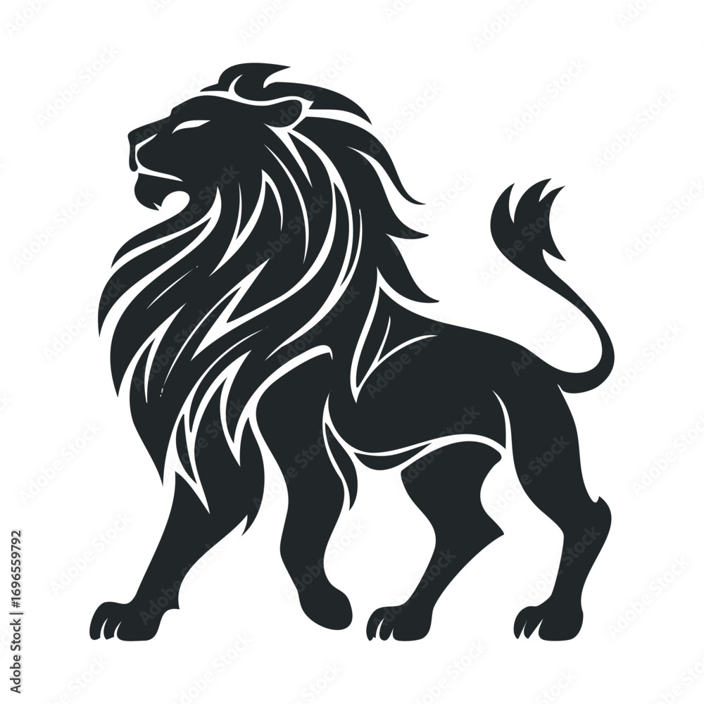 Fototapeta premium Majestic lion with flowing mane in dynamic pose for wildlife design. Vector line illustration