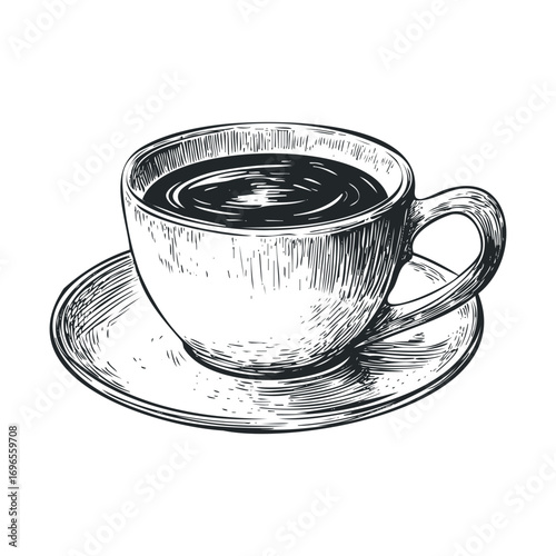 Simple black coffee cup on saucer designed for cafe menu. Vector hand drawn illustration