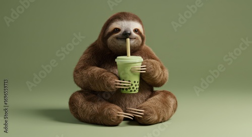 Happy sloth enjoying a green bubble tea.