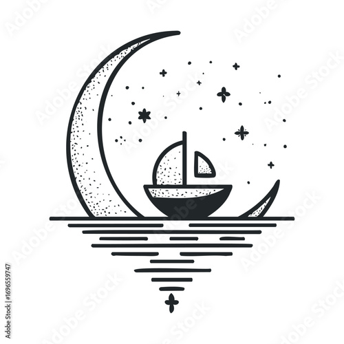 Moonlit boat sailing under stars with abstract design. Vector hand drawn illustration