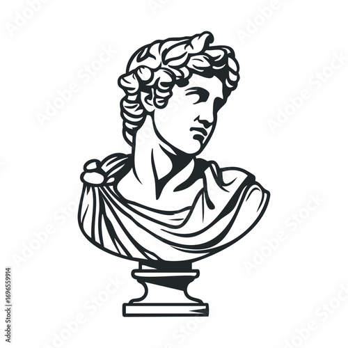 Ancient sculpture of a noble figure with rich detail and expression. Vector line illustration