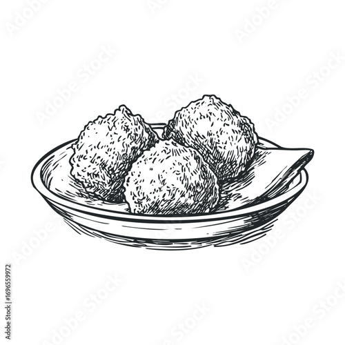 Crispy fried balls served on a plate for snack time enjoyment. Vector hand drawn illustration