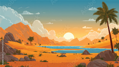 Serene Desert Oasis at Sunset Illustration of a Tranquil Landscape with Palm Trees and Mountains