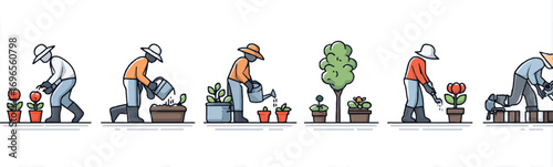 Set of gardener cartoon characters working with plants watering planting nurturing vector illustration