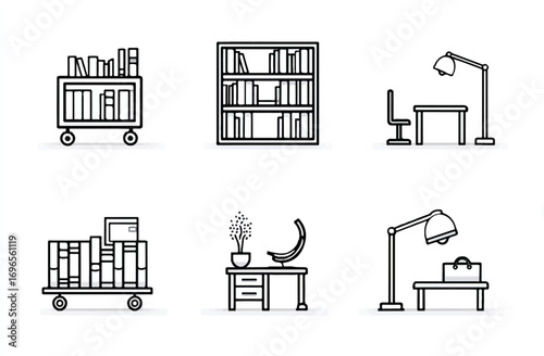 Set of line drawings depicting furniture and decor suitable for home and office organization storage and productivity