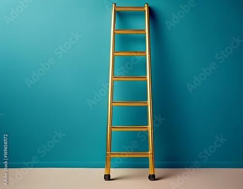 minimalist golden ladder against a vibrant blue wall
