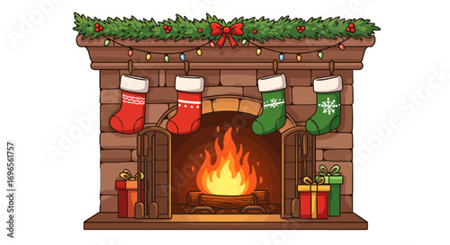 Festive fireplace with stockings and gifts christmas holiday season decoration winter cozy home interior on transparent background