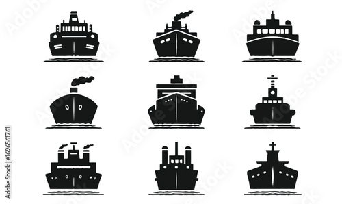 Set of nine detailed front view ship icons isolated on white background showing different vessel types