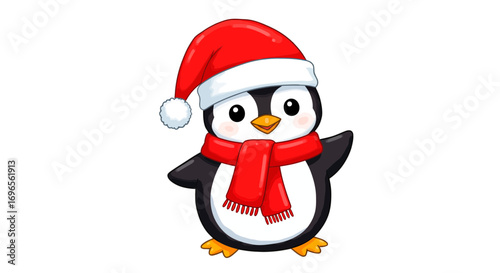Festive penguin in santa hat and scarf holiday season winter animal cartoon illustration vector graphic on transparent background