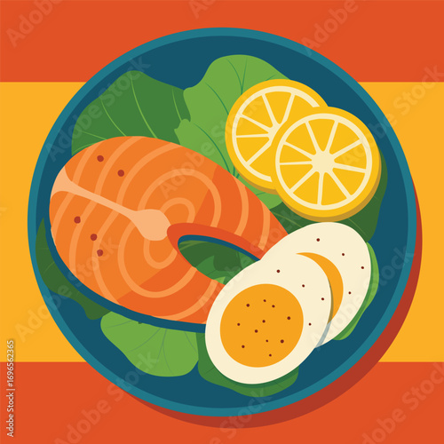 Illustration of a salmon steak with lemon on a blue plate with lettuce, cartoon style.