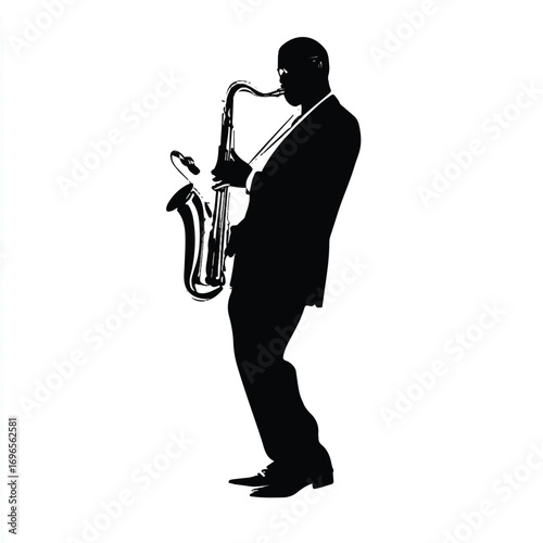 Silhouette of a Jazz Musician Playing Saxophone on White Background Studio Shot