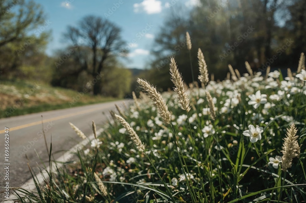 Obraz premium Wild grass and flowers beside the pathway under the summer sun