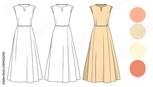Various color maxi dress technical drawings