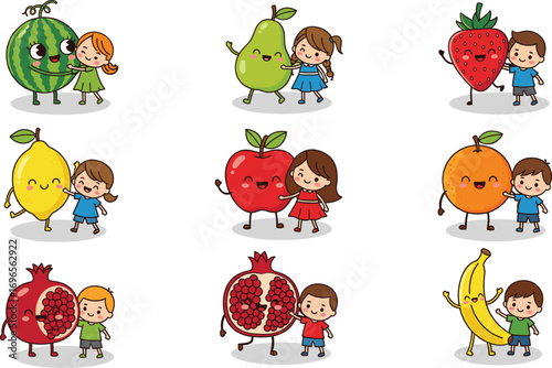 Cartoon children interacting with cute fruit characters, educational healthy food vector, playful kids and fruits illustration for learning and fun