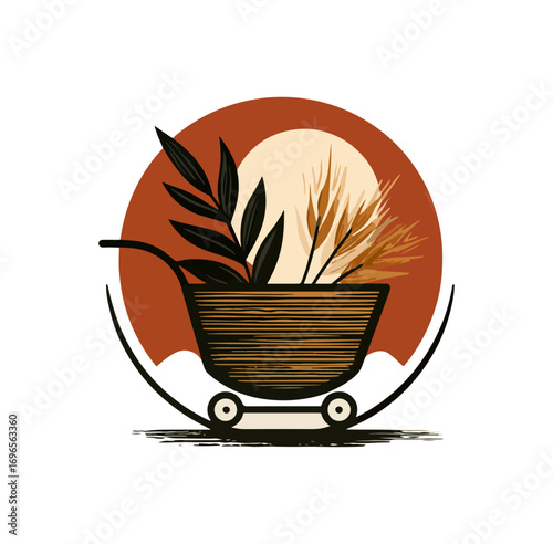 Wooden cart with plants and wheat
