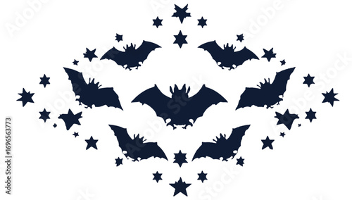 Silhouetted Halloween Bats and Stars Festive Pattern for Holiday Backgrounds and Party Invitations Celebrations