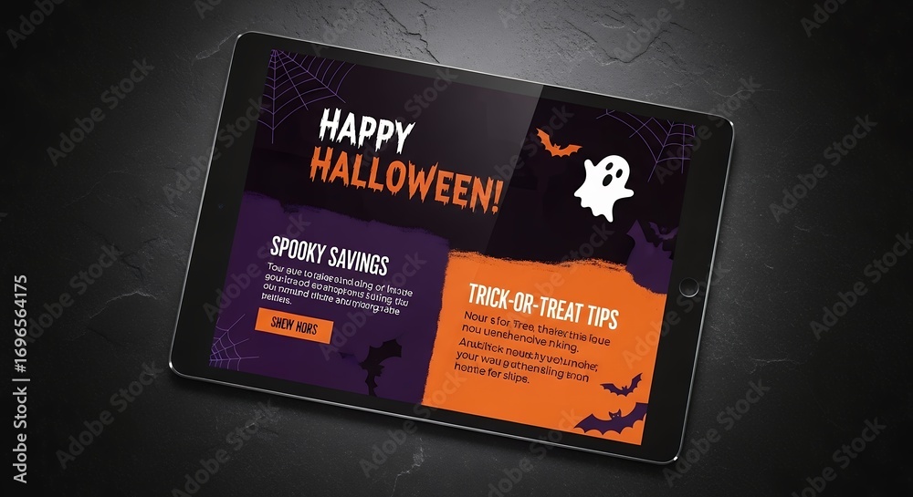 Obraz premium Tablet displaying a Halloween themed marketing message with spooky savings and trick-or-treat tips on a dark background, concept for seasonal promotion, online advertising and digital marketing