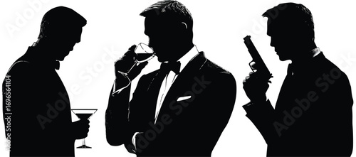 Silhouetted secret agent with martini and gun in a tuxedo and a bow tie exudes mystery and danger