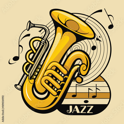 Stylized yellow tuba with musical notes and jazz text on beige background brass instrument