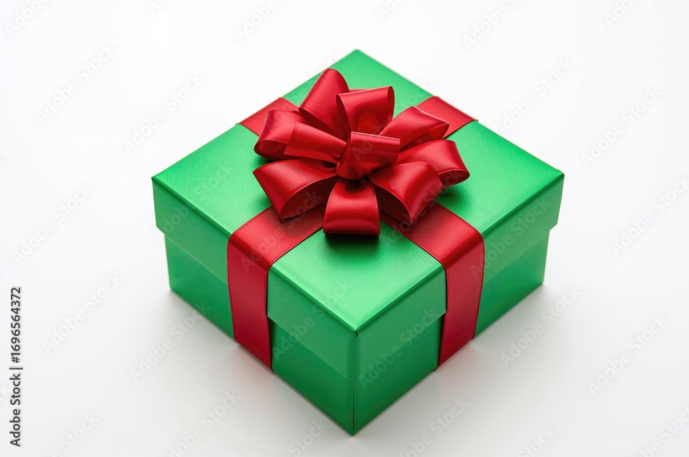 Fototapeta premium Red ribbon bow on a green present box against a white background