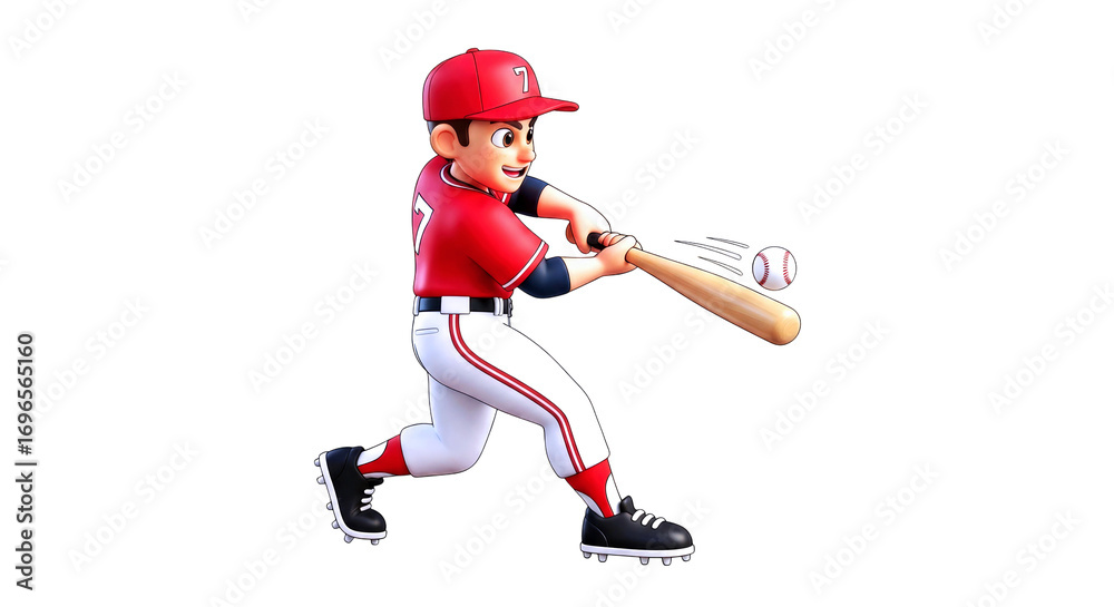 Obraz premium cartoon baseball players epic swing dynamic action pose, red uniform, upcoming hit, isolated on transparent background