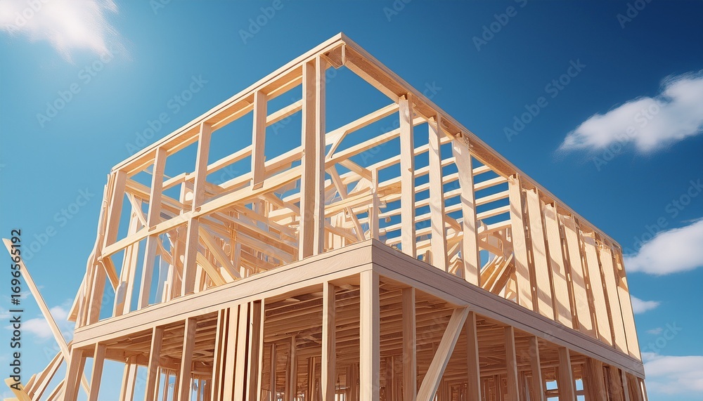 Obraz premium wooden house frame under construction on a bright blue sky background concept of home building 3d rendering