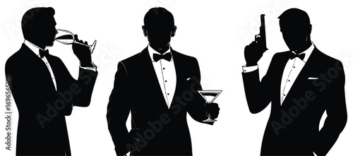 Sophisticated Gentleman Silhouettes in Tuxedos with Wine Martini and Gun on White Background