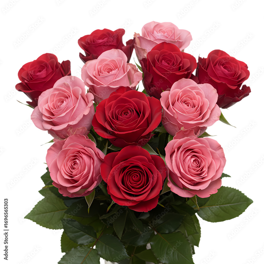 Obraz premium Pink and Red Roses Bouquet Closeup of a dozen roses featuring a mix of deep red and light pink blooms arranged in a lush bouquet isolated on transparent background