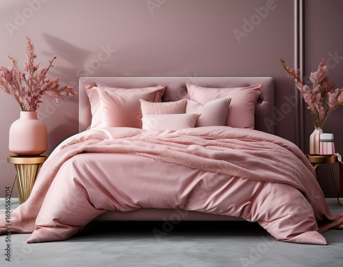a bedroom with a pink bedspread and pink pillows