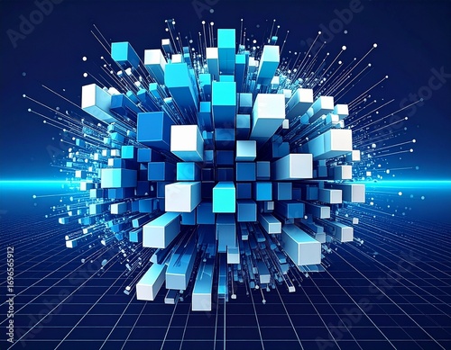 Abstract Digital Sphere: An abstract representation of a digital sphere constructed from interconnected blocks and lines, illustrating complex data processing and network connectivity.