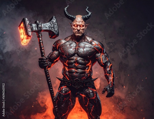 Infernal Guardian: A formidable demon, radiating an aura of raw power, stands defiant holding a fiery war hammer against a backdrop of ominous smoke and embers.