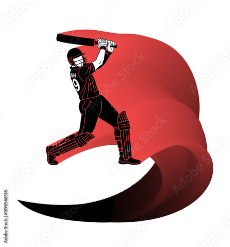 Silhouette captures a cricket batsman in mid-swing against a dramatic red backdrop, conveying the energy and precision of sport.