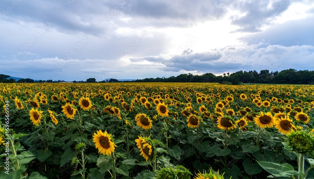 Obraz premium A vast expanse of sunflowers stretches across a field under a cloudy sky, showcasing a rich and vibrant landscape.
