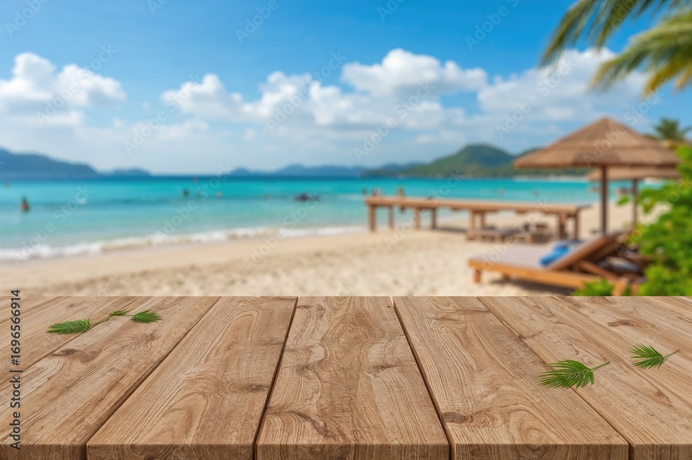 Fototapeta premium Wooden tabletop with palm leaves and festive beach setting in the background, blurred. Theme: Summer, Sea, Leisure, Celebration.
